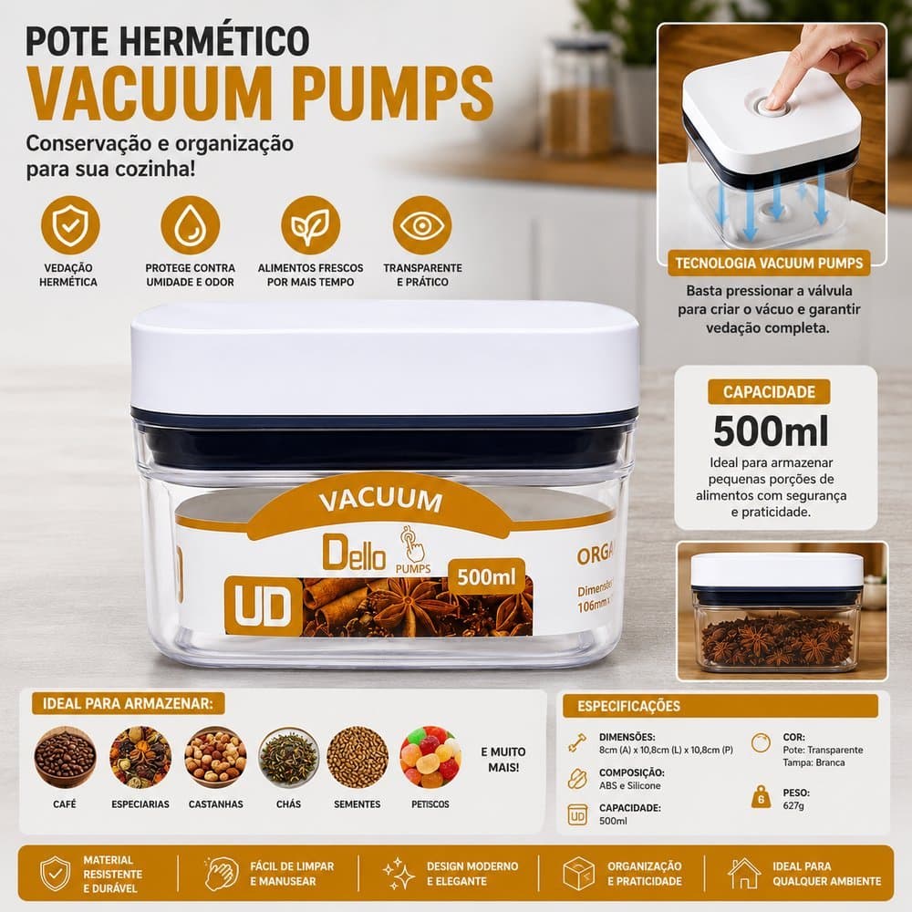 Pote Hermético Retangular Pumps 500ml