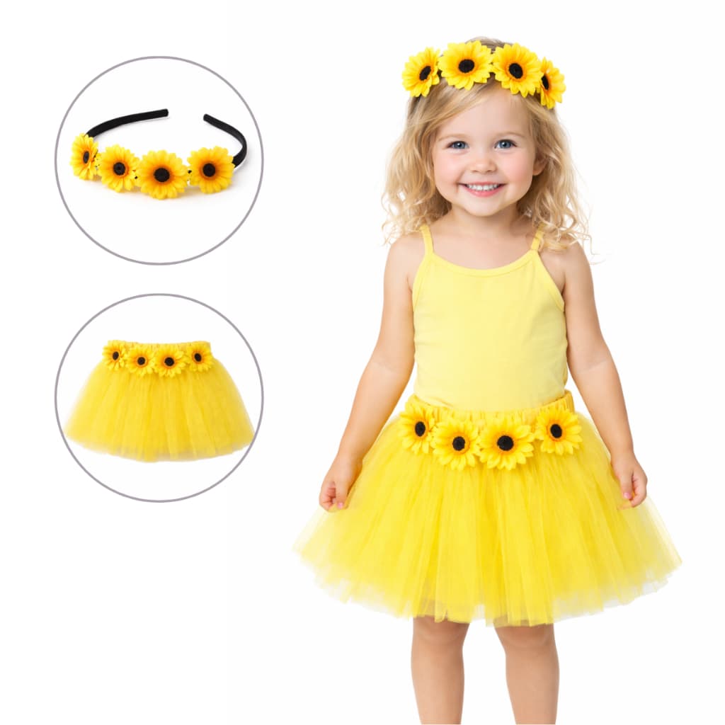 Conjunto Infantil Girassol 2 Peças Saia Tule Tiara Festa Apresentações Flores Jardim Menina Feminina Fantasia Cosplay