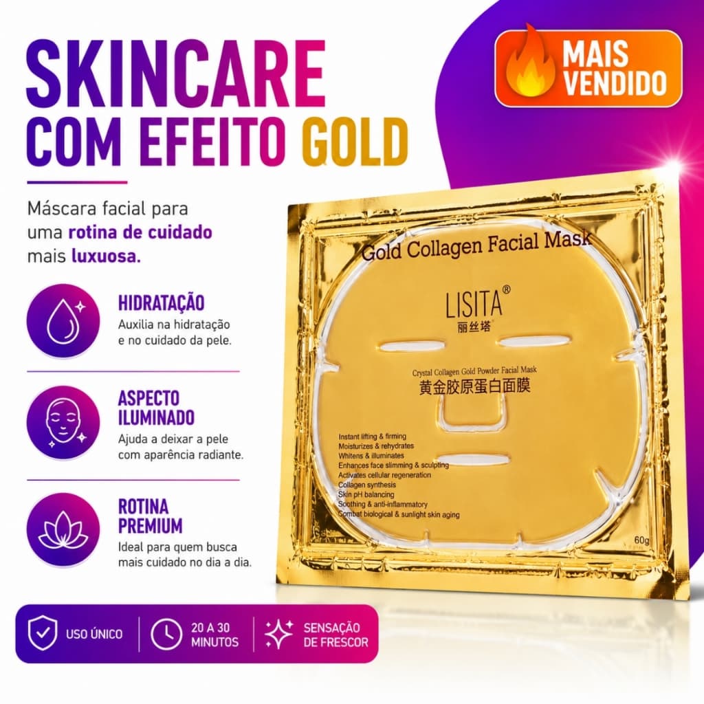 Kit 3x Máscara Facial Gold 24K Bio-Colágeno Ouro Puro Hidratação Rejuvenescimento Spa Skincare Profissional