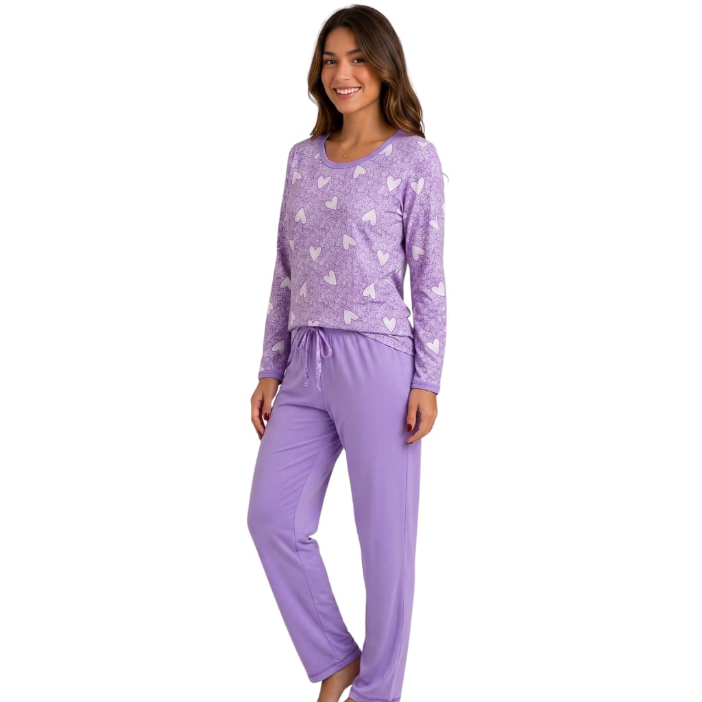 Pijama Feminino Suede Adulto Longo Inverno Manga e Calça Comprida Conforto