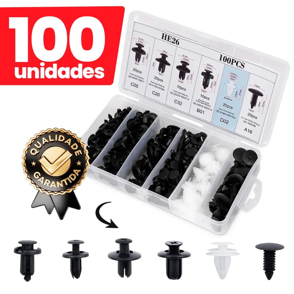 Kit 100 Grampos Automotivos Universais Fixador Parachoque