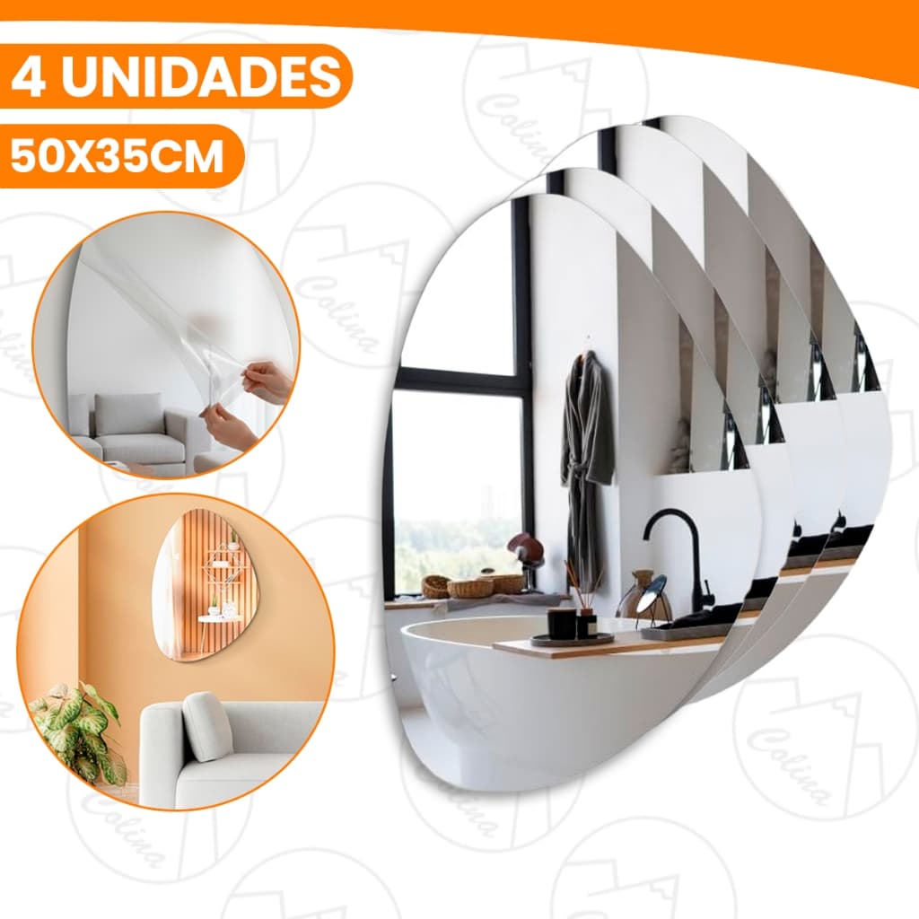 Kit 1 a 4  Espelhos Adesivo Acrilico Formato Orgânico 50x35cm Boa Nitidez Importadora Util
