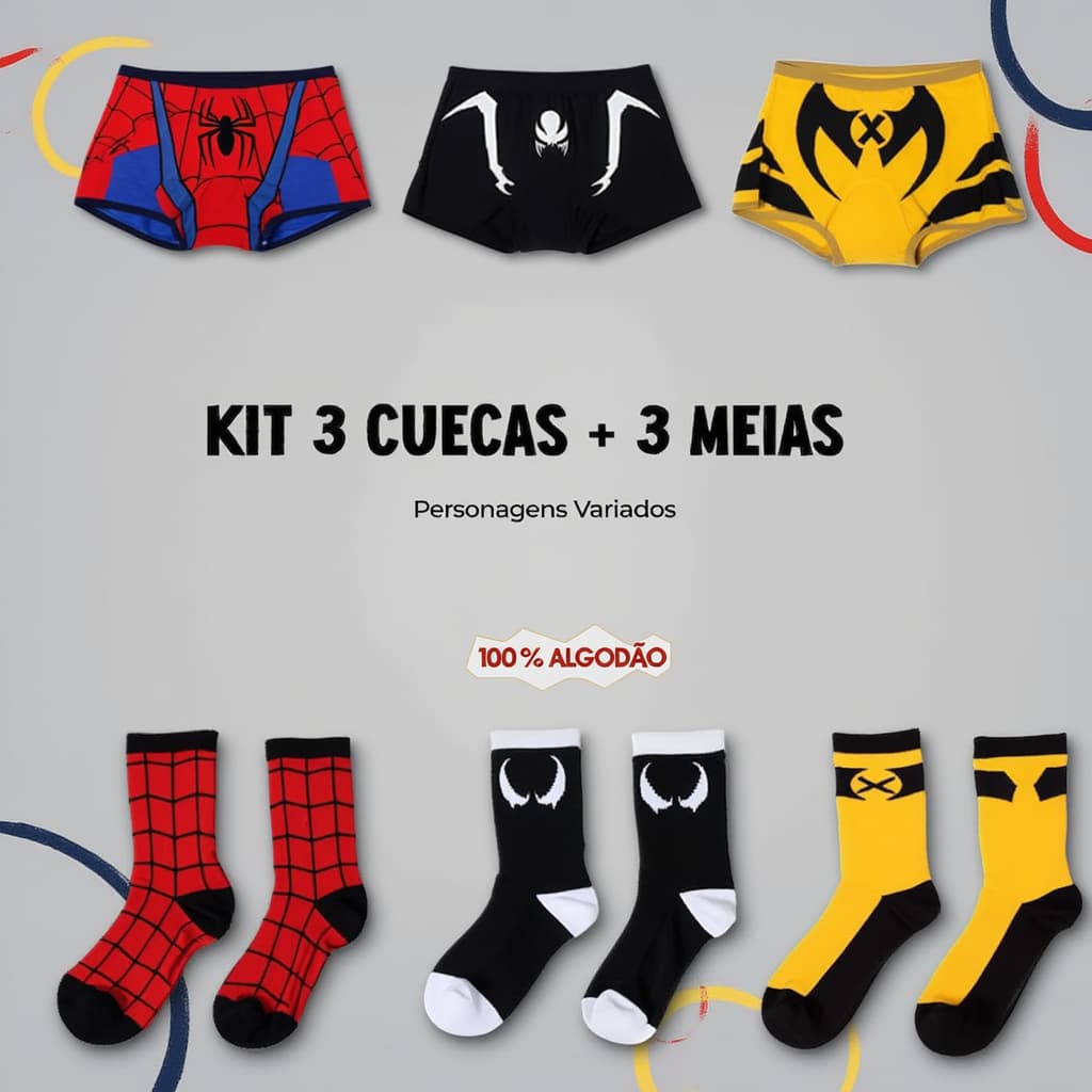 Kit 3 Cuecas + 3 Meias Personagem Marvel Homem Aranha 100% Algodão