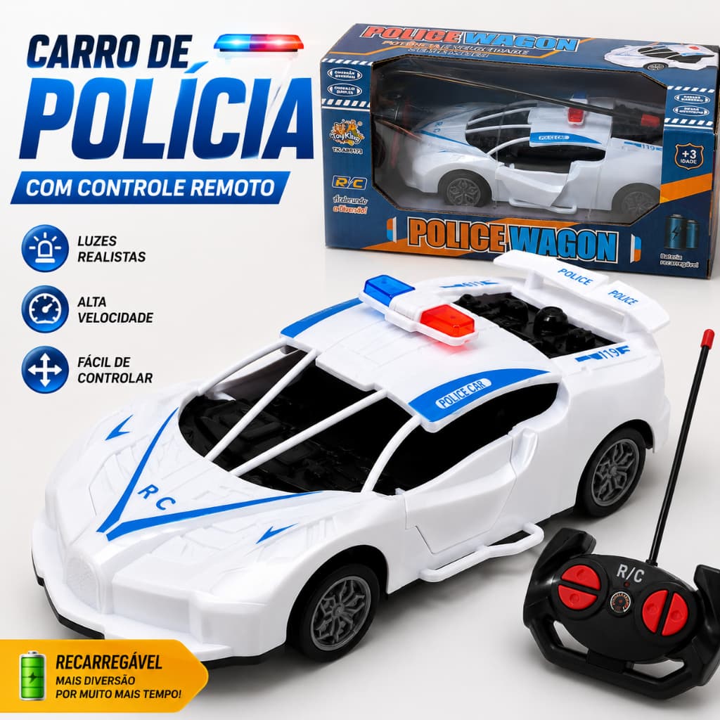 Carro Policia Recarregavel Brinquedo Carrinho Infantil Controle Remoto Sirene Luzes Super Esportivo