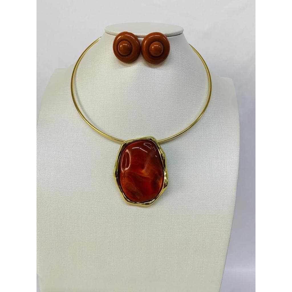 Colar Pedras Resina em Choker Aro com Brinco Botão