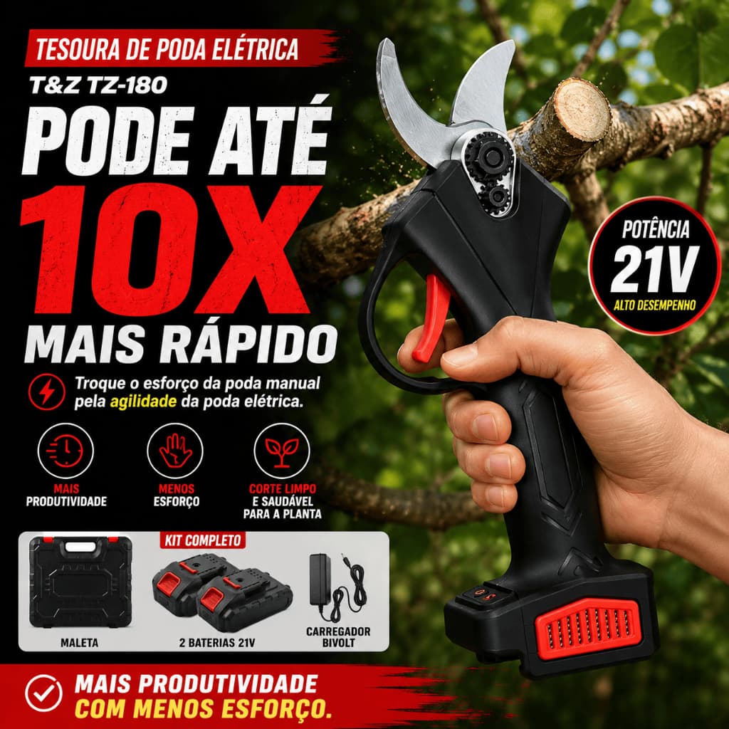 Tesoura de Poda Elétrica Sem Fio 21V Profissional Com 2 Baterias Maleta SK5 Corta Galhos Até 30mm