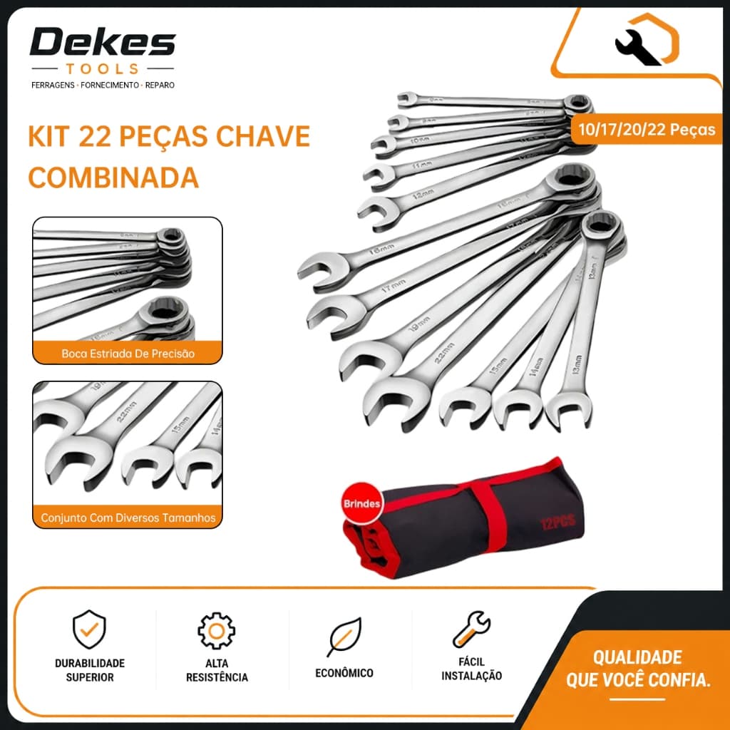 Dekes Jogo De Chaves Combinadas Diversos Kits 8 A 22 Peças 6-32mm Aço Cromado