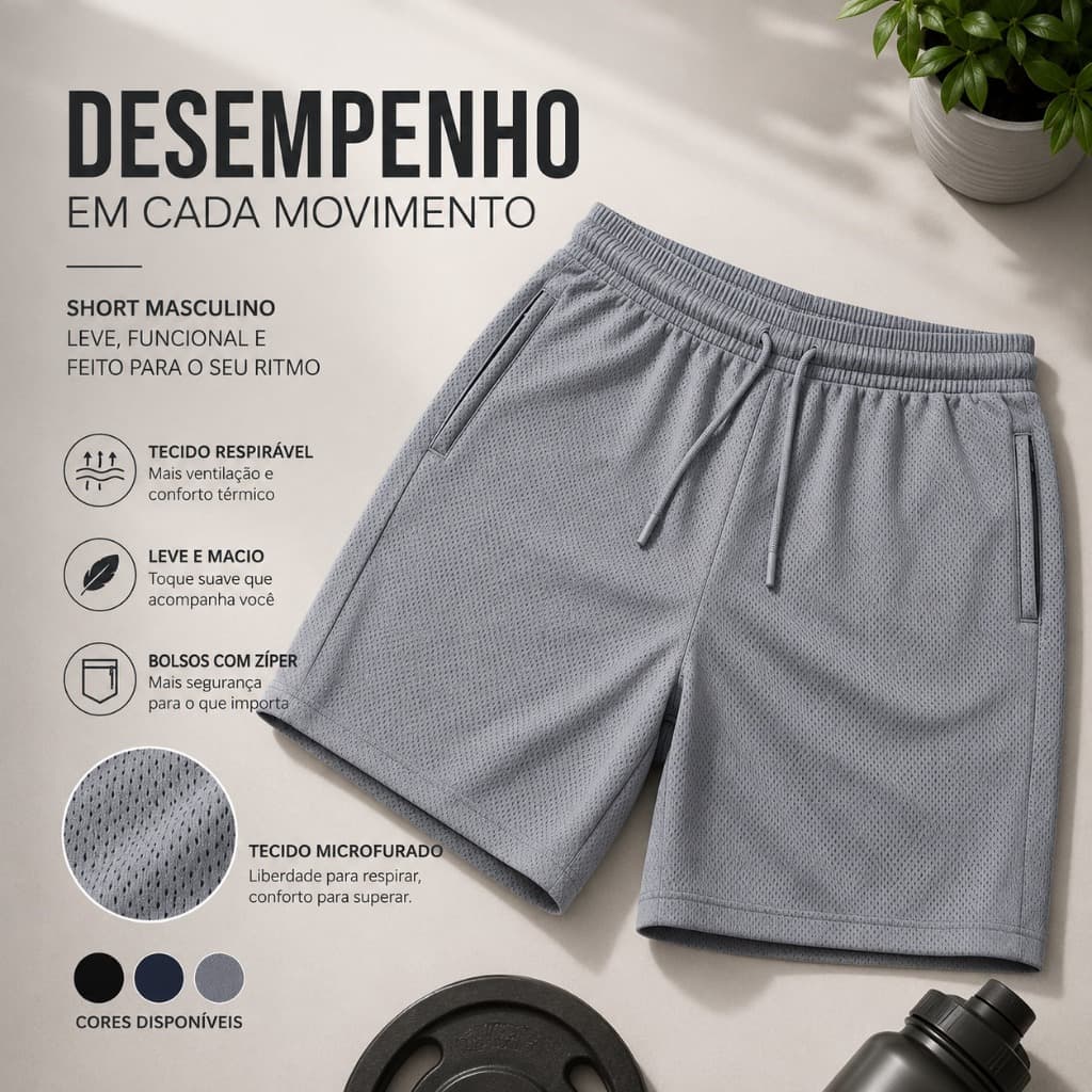 SHORT MASCULINO CASUAL POLIESTER - SECAGEM RAPIDA - CONFORTAVEL -DIA A DIA