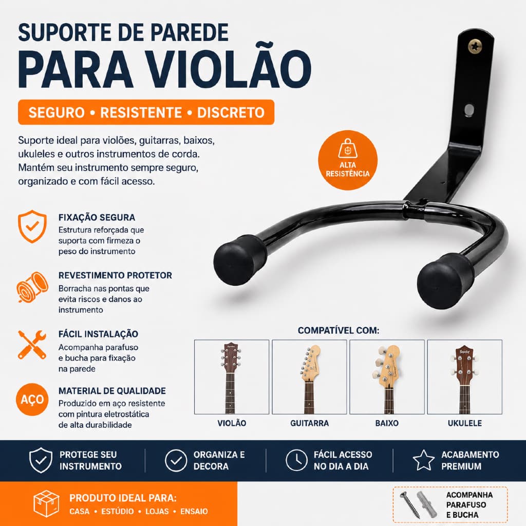 2 Suporte p/ Violão de Parede em Aço Carbono Emborrachado Reforçado Pintura Eletrostática Distancia para Evitar Umidade