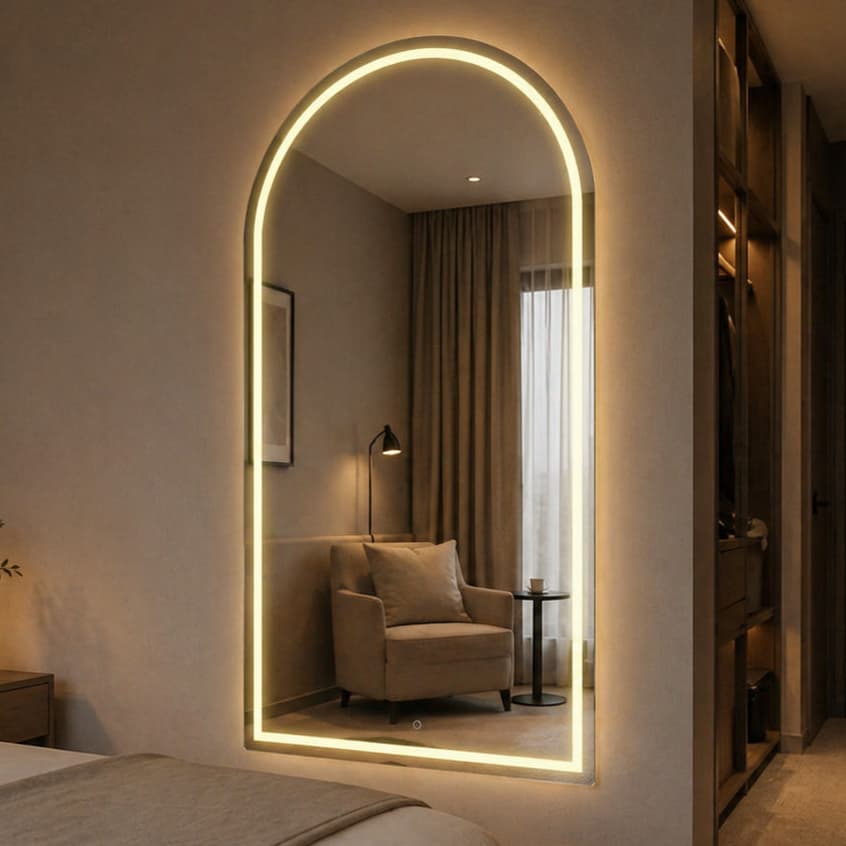 Espelho Jateado Arco Base Reta 100x80cm Arco Janela com 3 cores Led Salão Maquiagem Banheiro