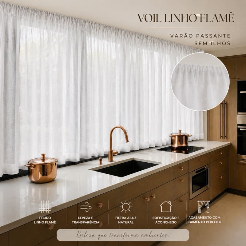 Cortina Passante Linho Voil Flame 4,00x1,50 Decoração