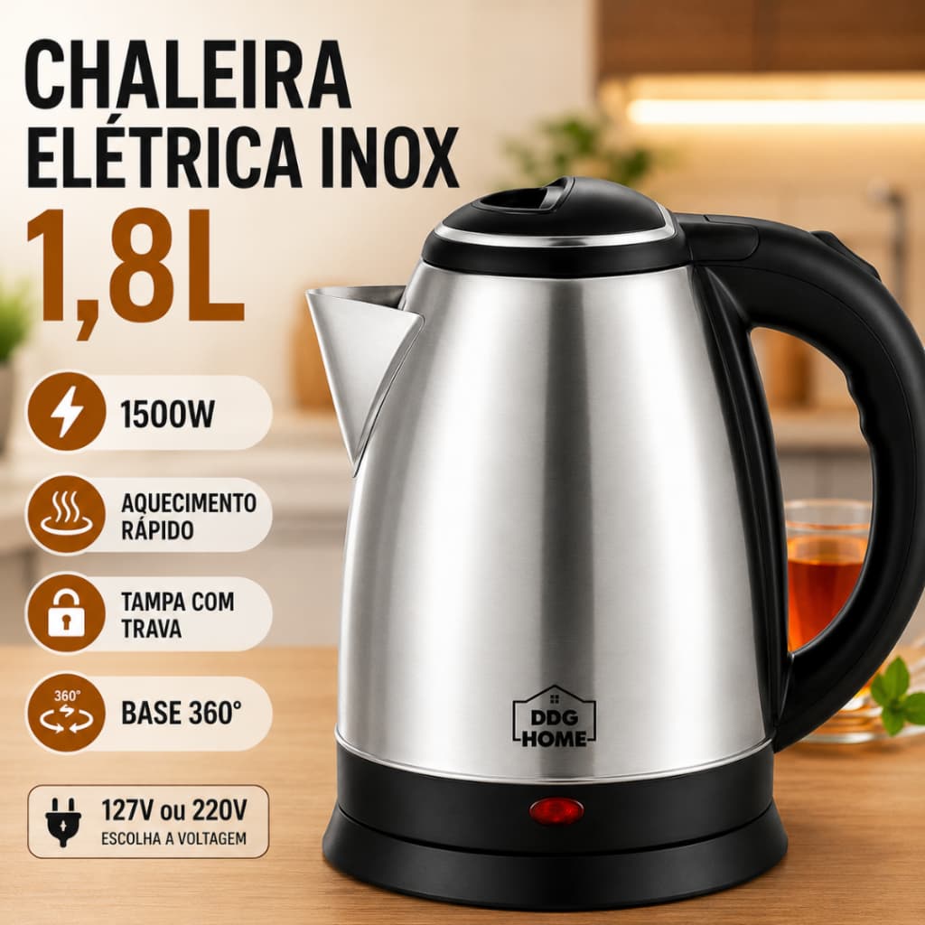 Chaleira Elétrica Inox 1.8 Litros 1500w 220v 127v 110v Aquecimento Rápido Segura Durável