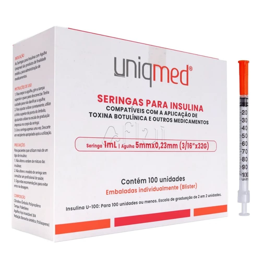 Seringa para Insulina UNIQMED Toxina Botulínica Agulha 5mm x 0, 23mm (3/16 x 32g) 100 Unidades Coreana