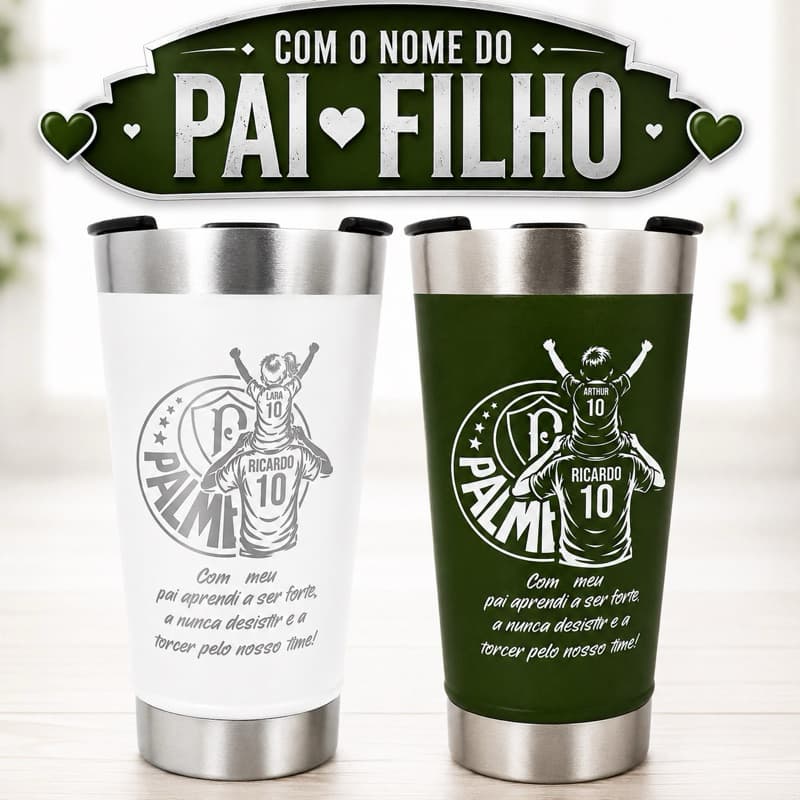 Copo Térmico 473ml Personalizado Pai e Filho Com Nome e Time do Coração