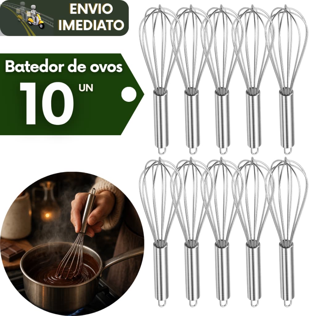 Kit 10 Fuet Batedor de Ovos Misturar Ovo Massas Claras e Ingredientes para Cozinhas de Confeitarias