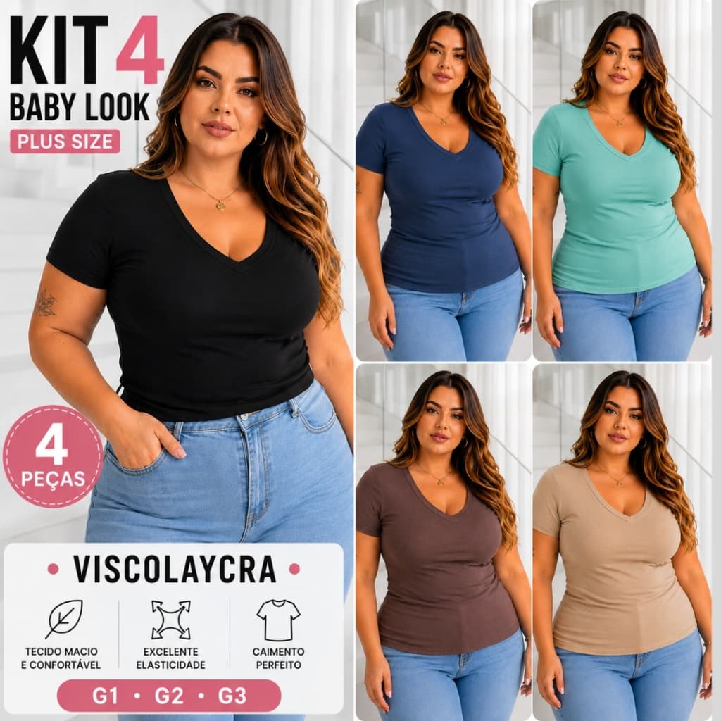 kit 4 Blusas Plus Size Feminina Viscolaycra Gola V Confortável Baby Look Dia a dia Tamanho Grande G1 G2 G3 Manga Curta