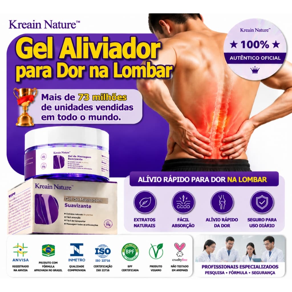 Kreain Nature Pomada Massageadora Ajuda a aliviar dores na região lombar e desconfortos musculares da lombar reumatis