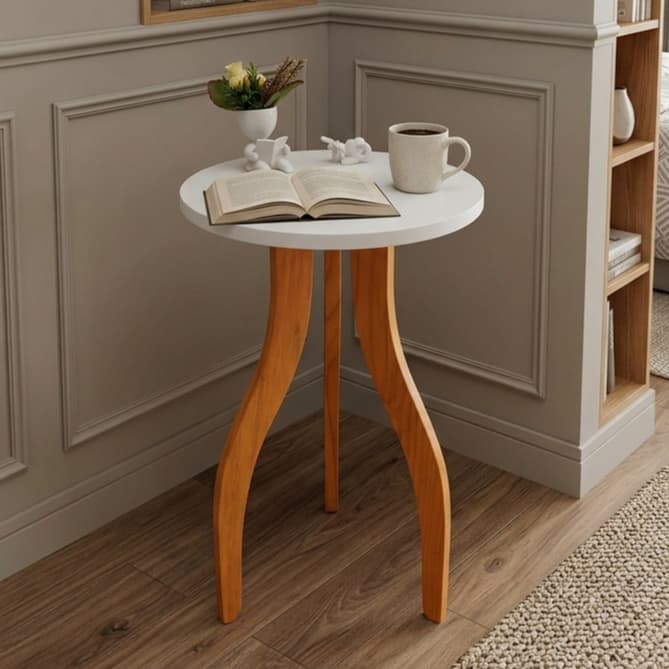 Mesa De Canto Redonda Pé Palito Curvo Madeira Mesinha de Apoio e Lateral de MDF Brco