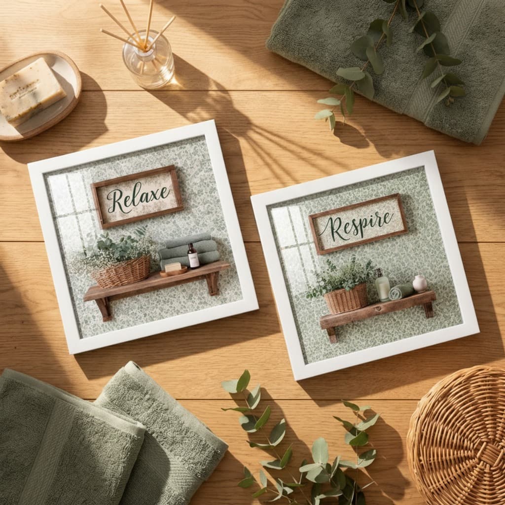 Kit 2 Quadros Banheiro Relaxe Respire Eucalipto 18x18cm Com Vidro Moldura Madeira Verde Frase
