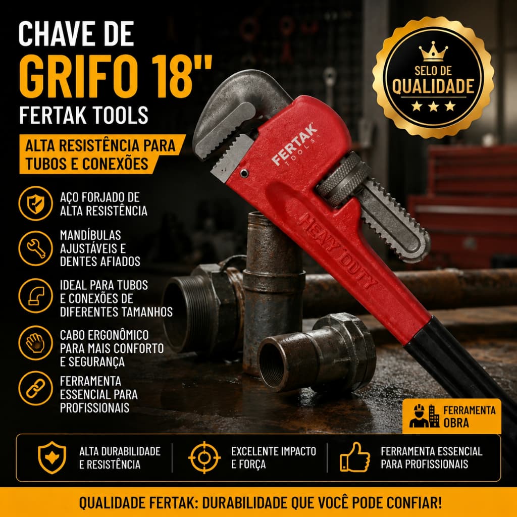 Chave de Grifo 18" Fertak – Alta Resistência para Tubos e Conexões Ferramenta Obra