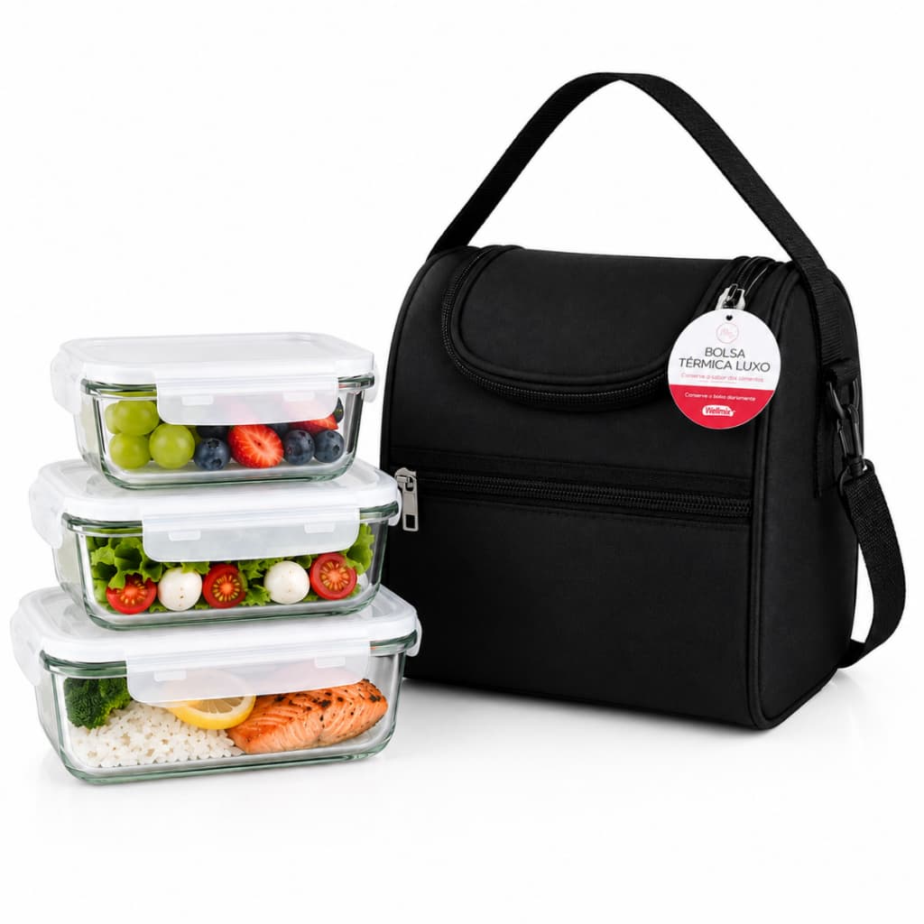 Kit 3 Potes Herméticos Vidro Tampa Trava  + 1 Bolsa Térmica Luxo Marmita Fitness Academia