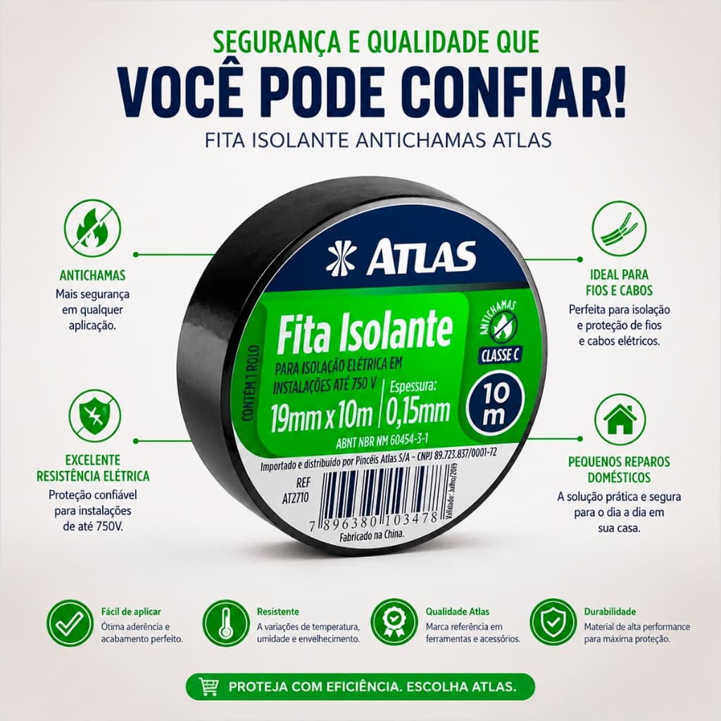 Fita Isolante 19mmx10m Fita Antichamas Para Fio Preta Fita Isolante Atlas