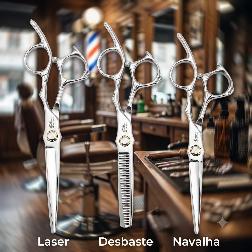Tesoura Profissional UMI Prata Cromado Premium Para Cabelo e Barba - Desbaste - Laser - Navalha