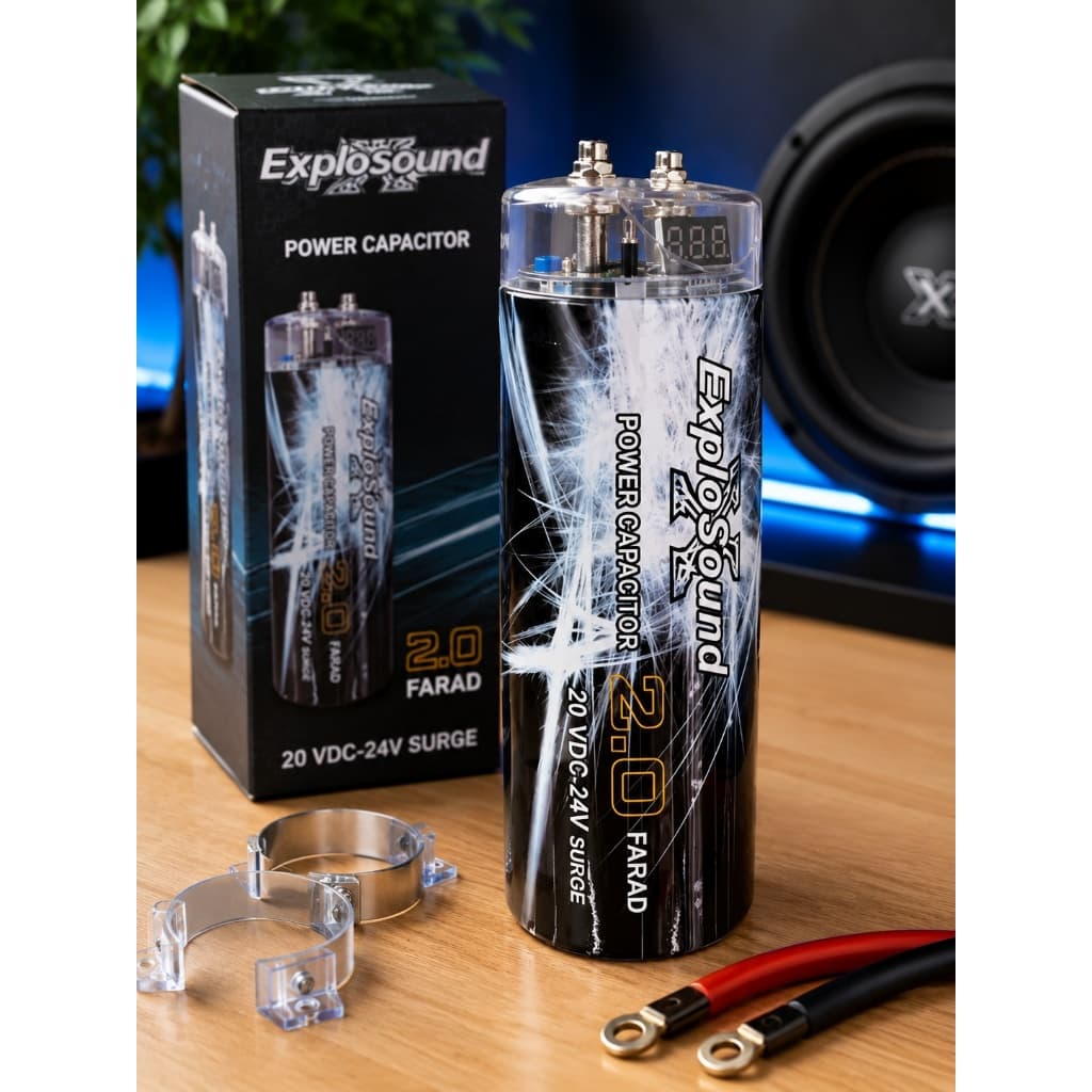 Capacitor Automotivo Explosound 2.0 Farad 20V a 24V com Voltímetro Digital | Power Capacitor para Som Automotivo