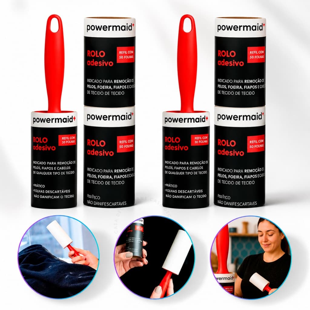 Kit 2 Rolos Adesivos 4 Refil Tira Pelos Roupas Fiapos Limpa Plumas Sofá Prático 120 Fls Powermaid