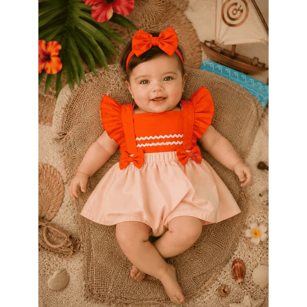 Jardineira Macacão Body Bebê Moana Mesversário de Menina C/ Laço Smash The Cake Ensaio Foto Fantasia