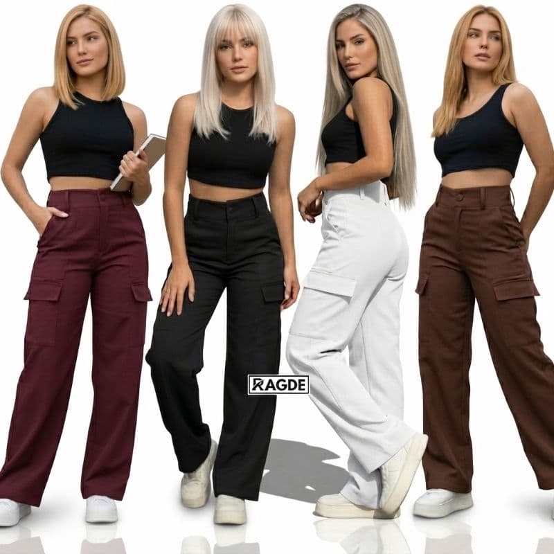 Calça Cargo Wide Leg Feminina Alfaiataria Cintura Alta Botão