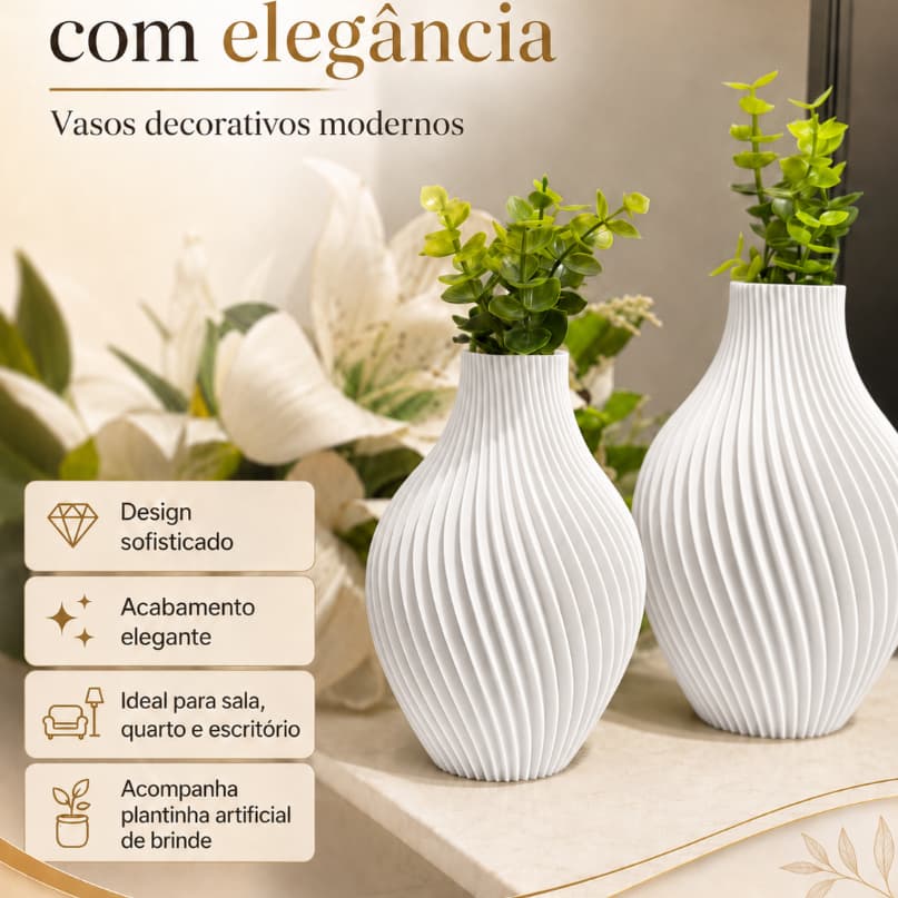 kit Com 2 Vasos Decorativos Modernos com Plantinha Artificial de Brinde Vaso Elegante para Sala Quarto Escritório
