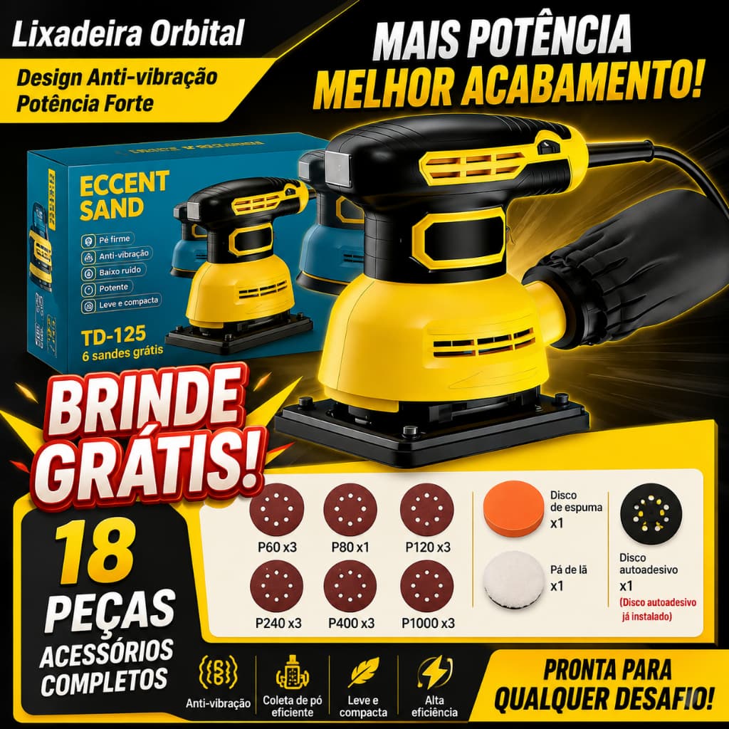 Lixadeira Orbital 300W Profissional com 16 Lixas Brindes Maleta Bivolt 110/220V 60Hz Lixadeira Roto Orbital Frete grátis