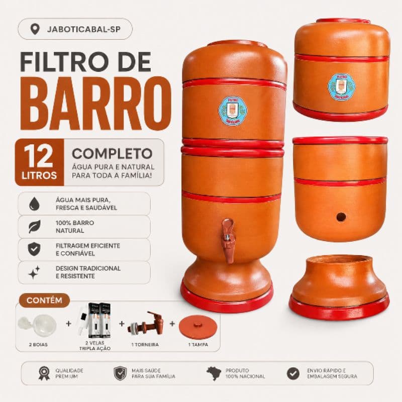 FILTRO DE BARRO 12L(6+6) MULTIPARTES COMPLETO - com 2 velas carvão ativado + 2 boias