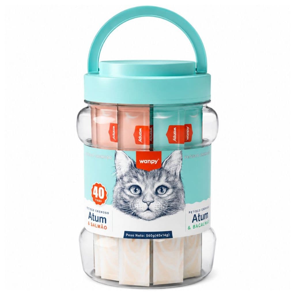 Petisco Para Gato Pote Creamy Wanpy Sortido Sabor Atum e Salmão + Atum e Bacalhau com 40 tubos 560g