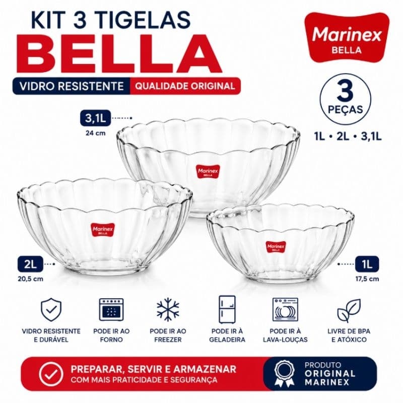 Kit 3 Tigelas Bella Marinex 1L 2L 3,1L Vidro Temperado Original Forno Freezer