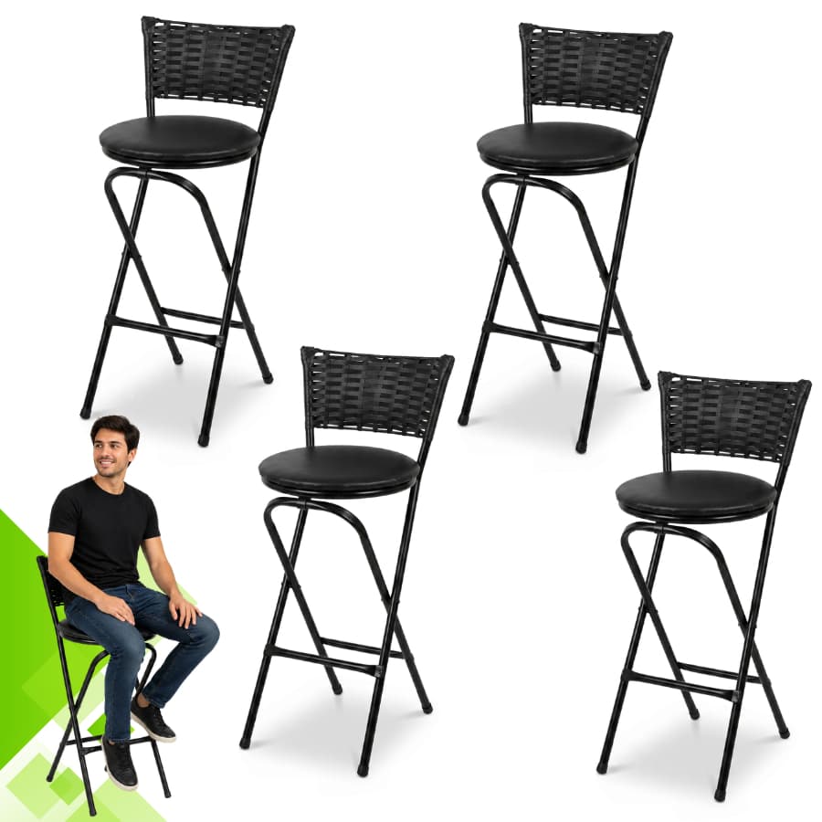 Jogo 4 Banquetas Altas Encosto de Junco Luxo Confortável Resistente Casa Cozinha Balcão Banco