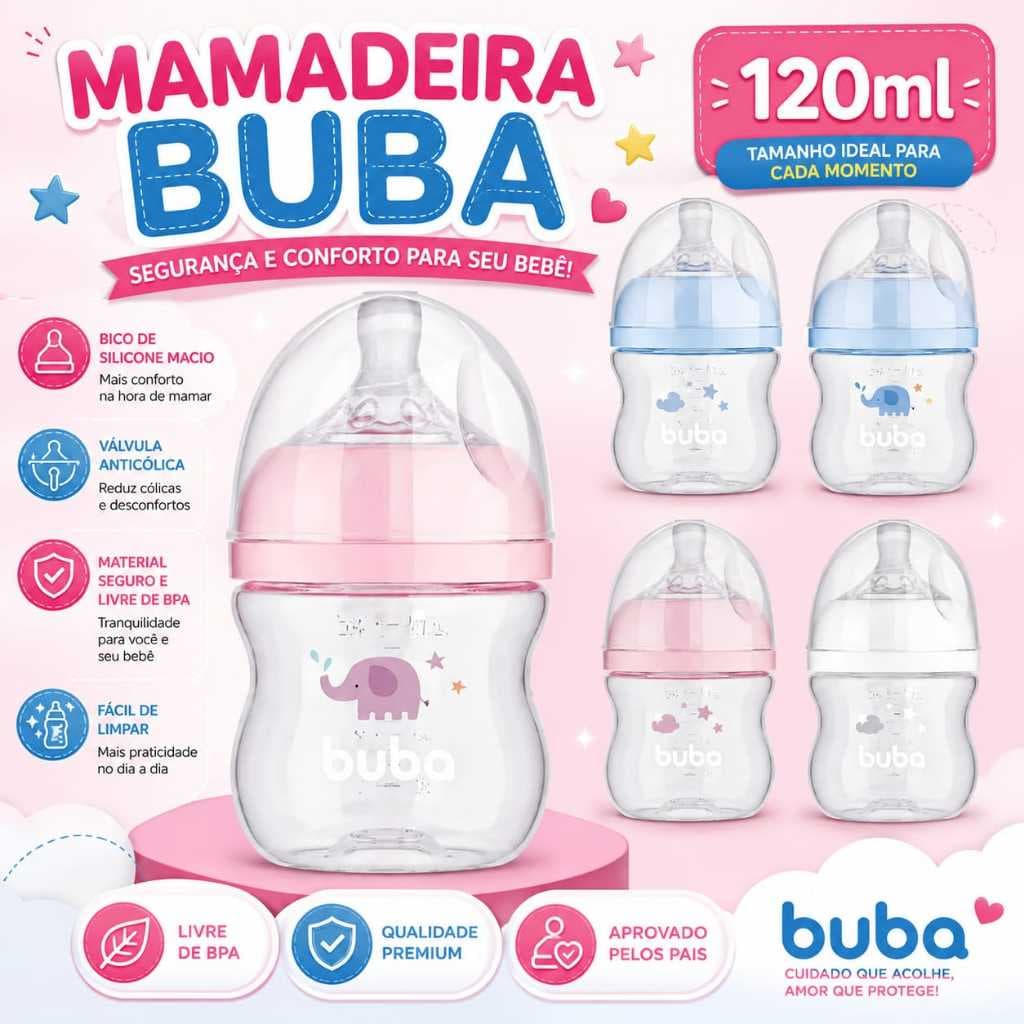 Mamadeira Buba Para Seu Bebe Bico Macio Silicone  Easy Flow Nuvem Anticólica 120 ml Mamadeira Buba