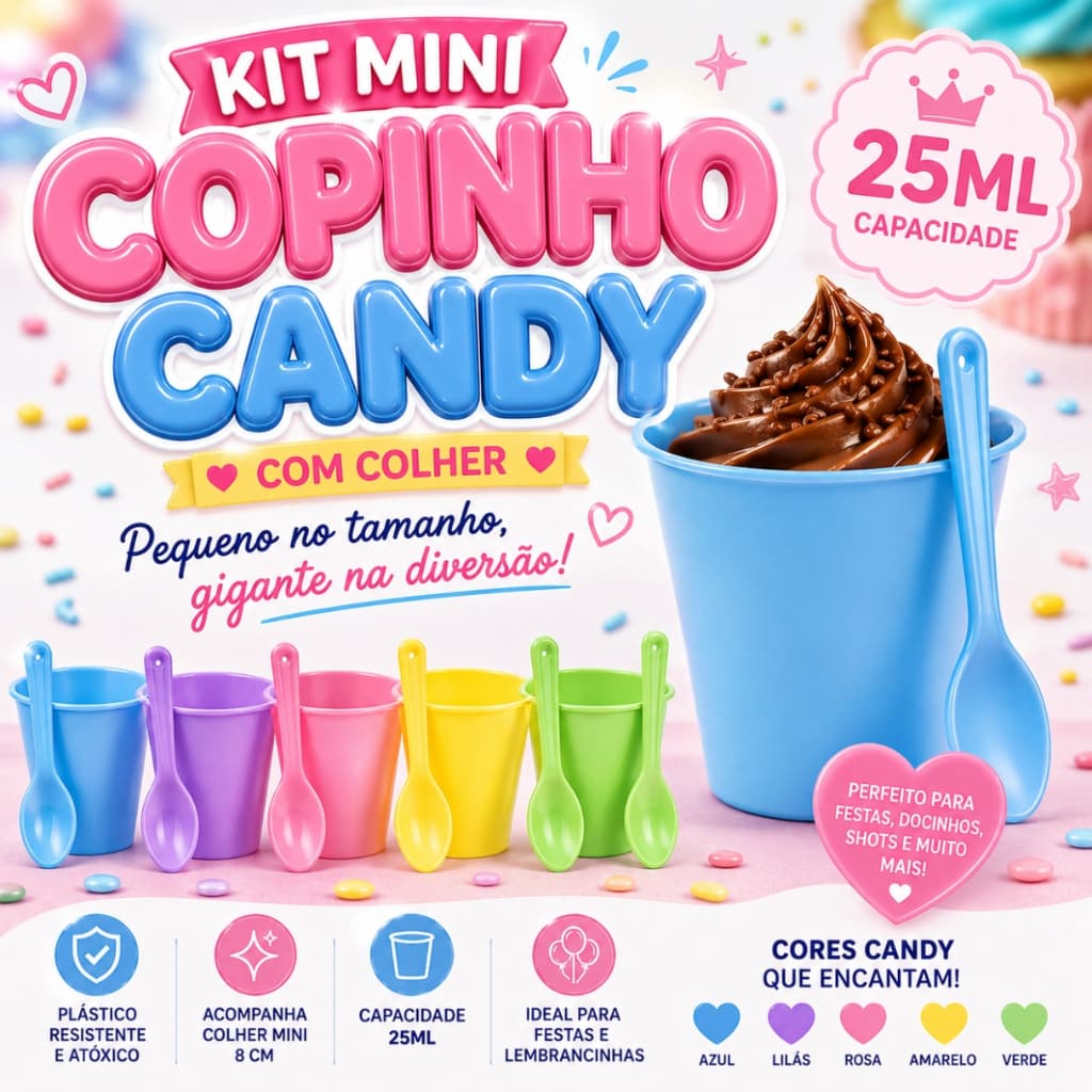 Kit Mini Copinho Candy 25ml Com Colher Doce Festa Aniversário Sobremesa Brigadeiro Mouse Eventos