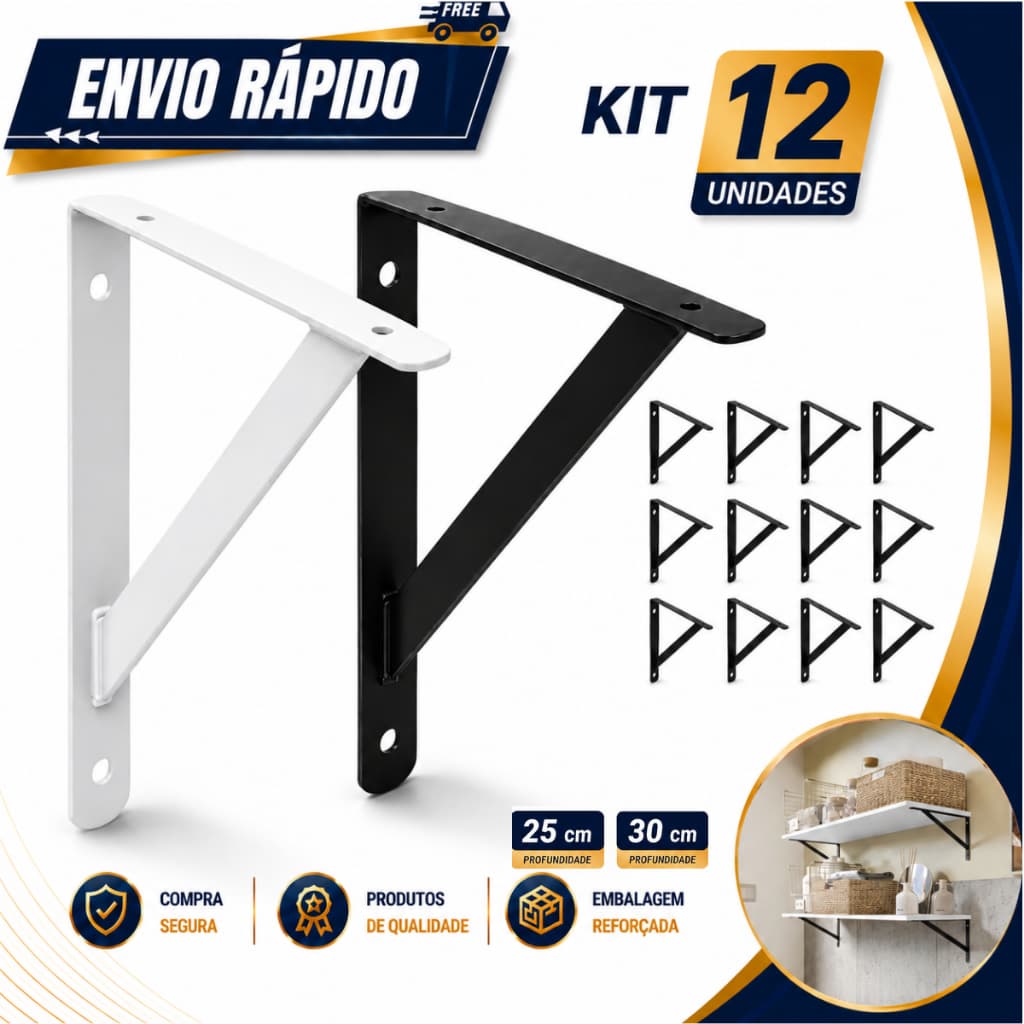 Kit Suportes 25cm 30cm Com Mão Francesa Para Prateleira Preta e Branco