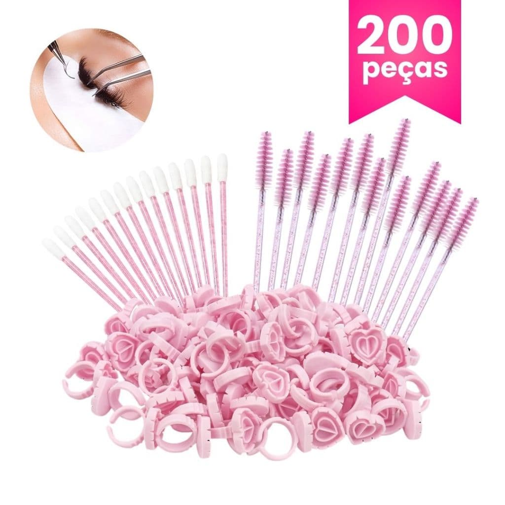 Kit Extensão de Cilios 100 Porta Cílios + 50 Escovas + 50 Pincéis Kit Lash Designer Estética