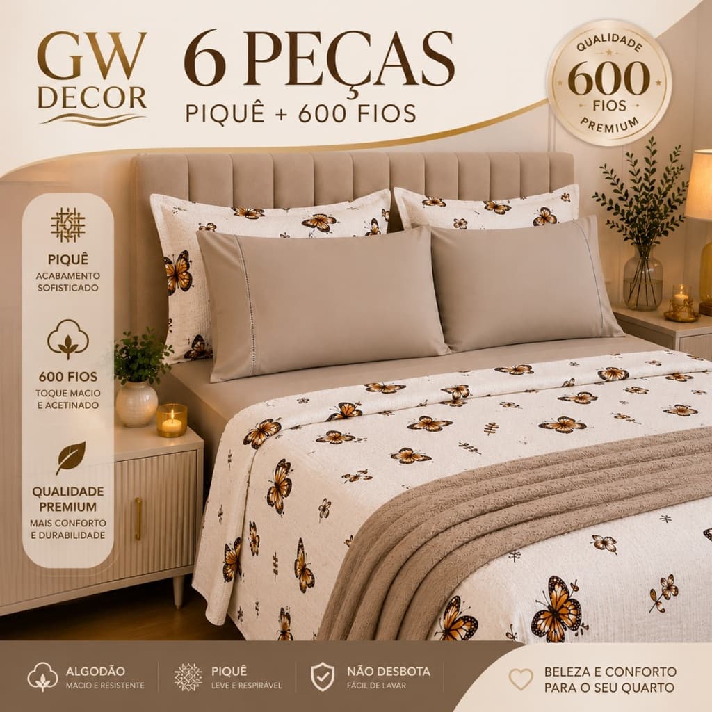 Jogo de Cama 6 Peças Premium Piquê Estampado + Liso 600 Fios Cama Posta Premium