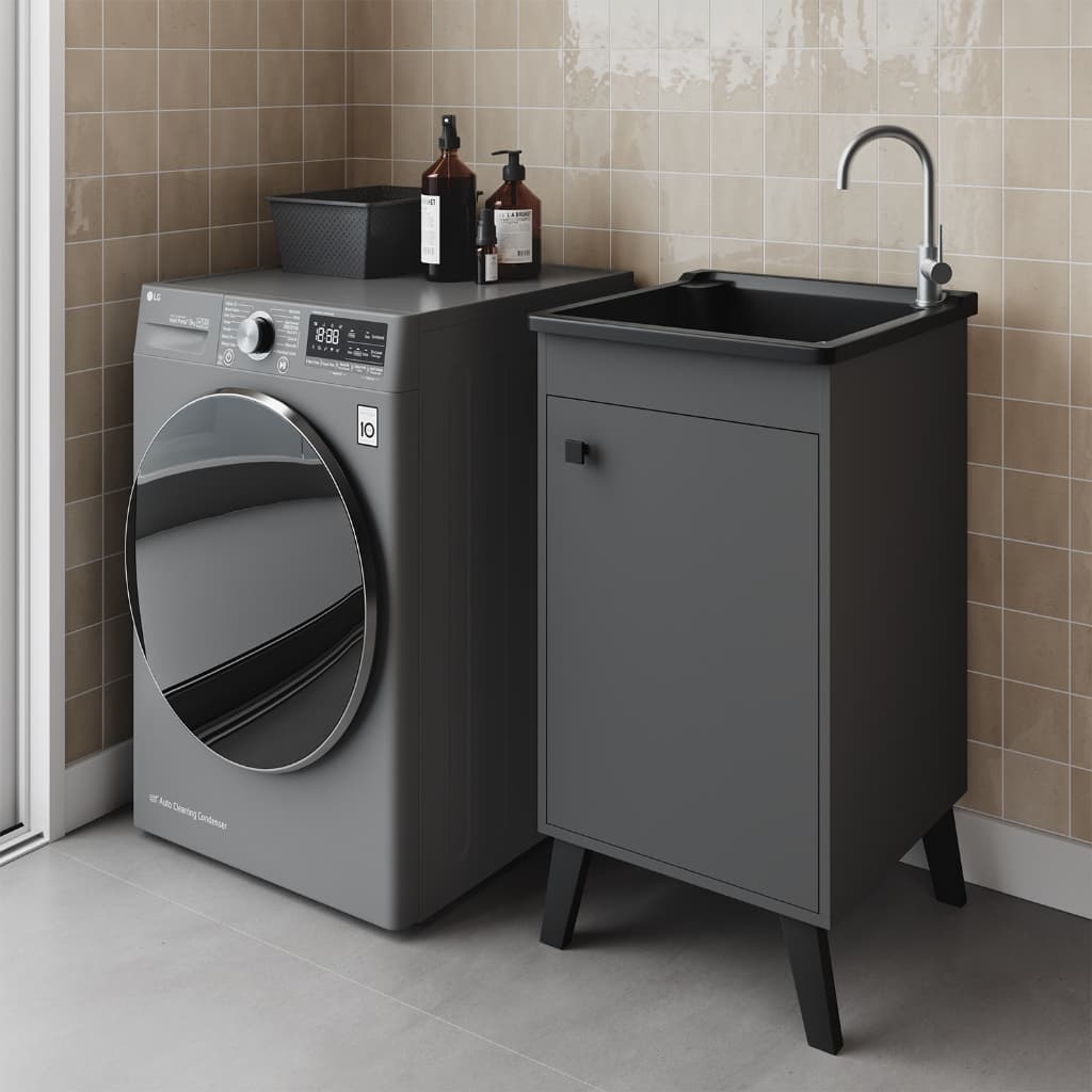 Tanque De Lavar Roupas Lavanderia Área de Serviço 26L Gabinete Armário Preto ou Cinza 46cm Pés Retro