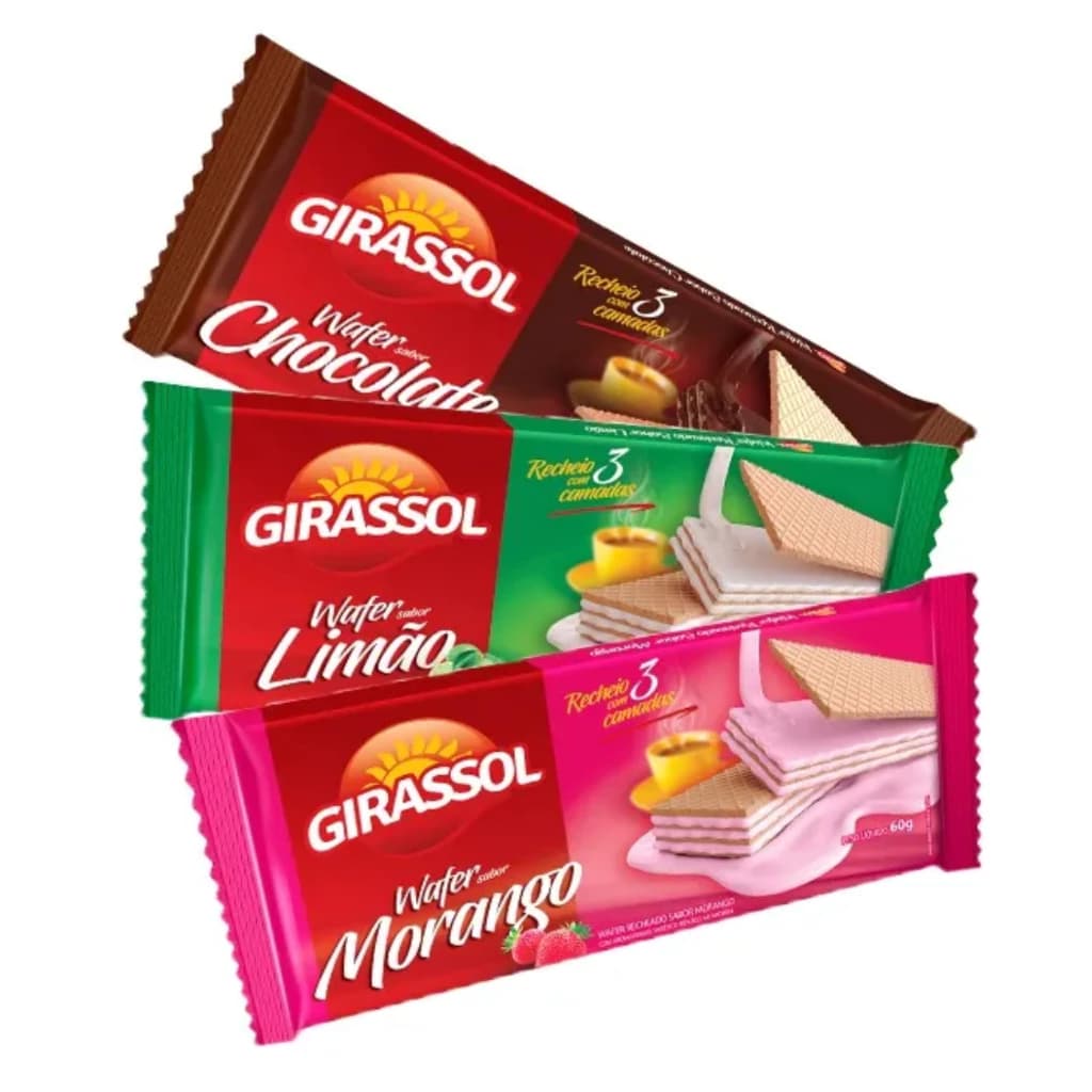 Wafer Girassol Atacado 60gr Sabores Morango Limão Chocolate ESCOLHA A QUANTIDADE