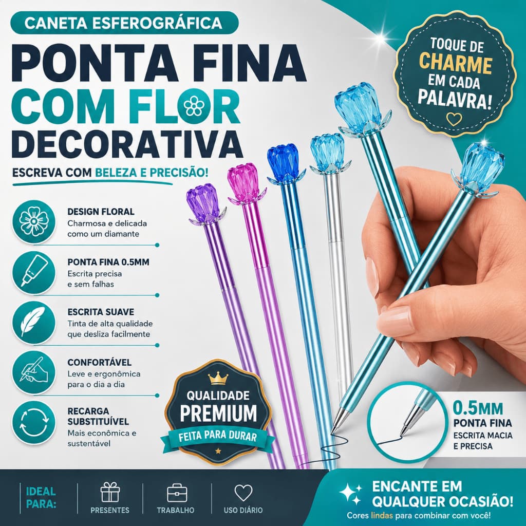 Caneta Esferográfica Ponta Fina com Flor Decorativa | Tinta Preta | Para Presentes e Uso Diário - CH