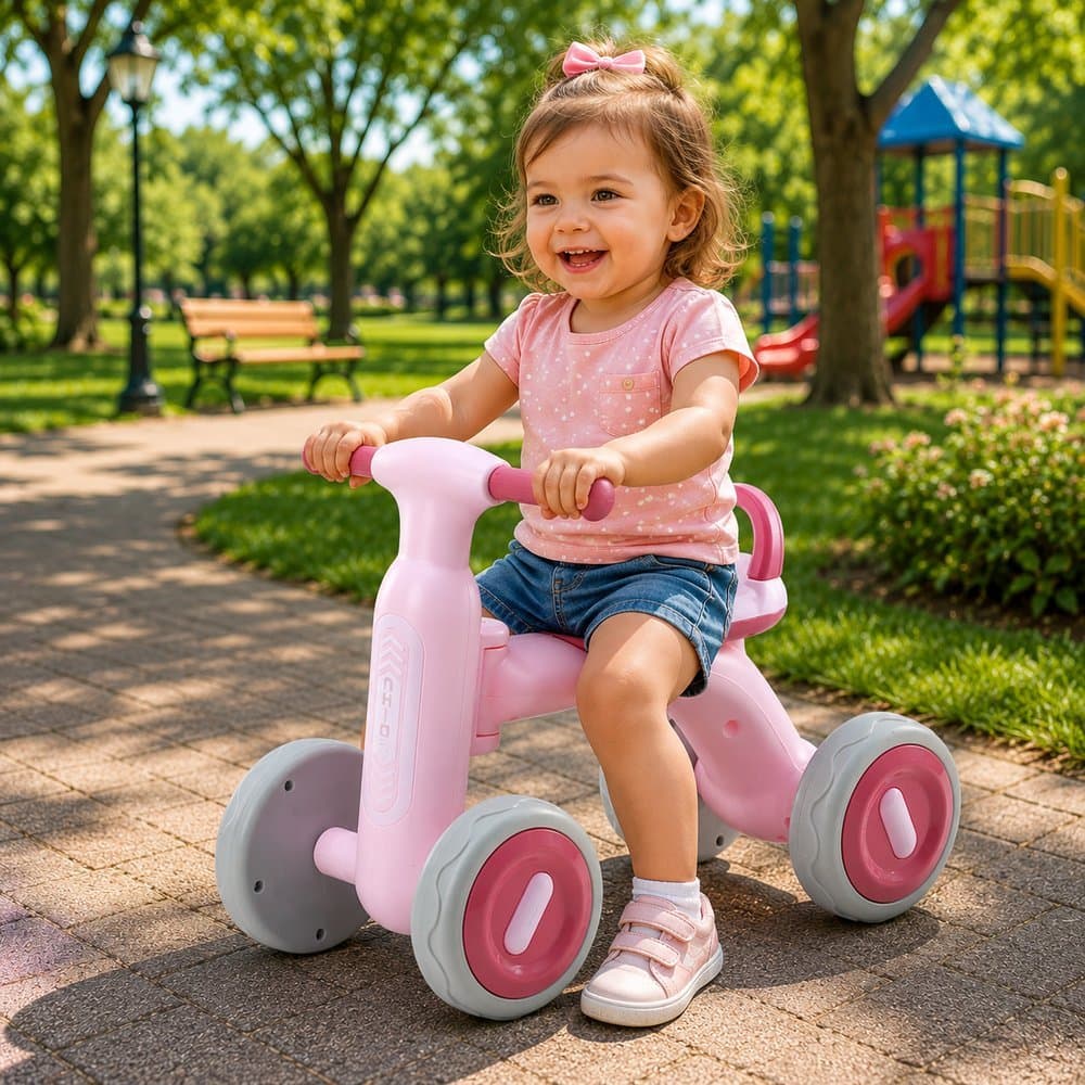 Bike Infantil Equilíbrio 4 Rodas com Luzes Rosa Balance Bike 12+ Meses Até 25kg