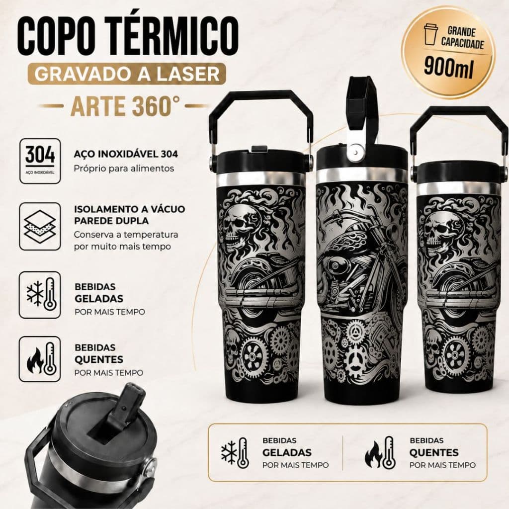 COPO TÉRMICO GARRAFA COM ARTE A LASER 360 GRAUS TEMA: CAVEIRA COM MOTO COPO CUIA OVO 350ML CANECA DE CHOPP 709ML