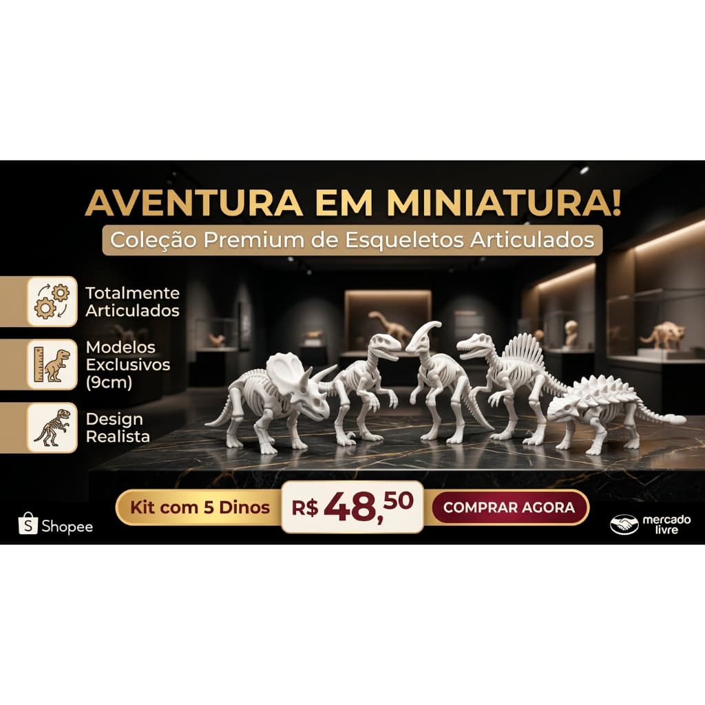 Kit Miniatura Dinossauro Esqueleto 5 Unidades Articulados 9cm Colecionáveis Infantil, Coleção Dinossauros Realista
