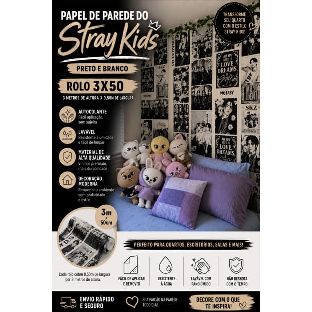 Papel de Parede Stray Kids K-Pop | Autocolante Lavável 3x50m Decorativo para Quarto Teen SKZ