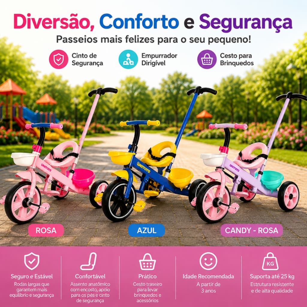 Triciclo Infantil Com Empurrador Cadeirinha Cinto Cesto Rodas Largas Até 25kg Rosa Azul Candy